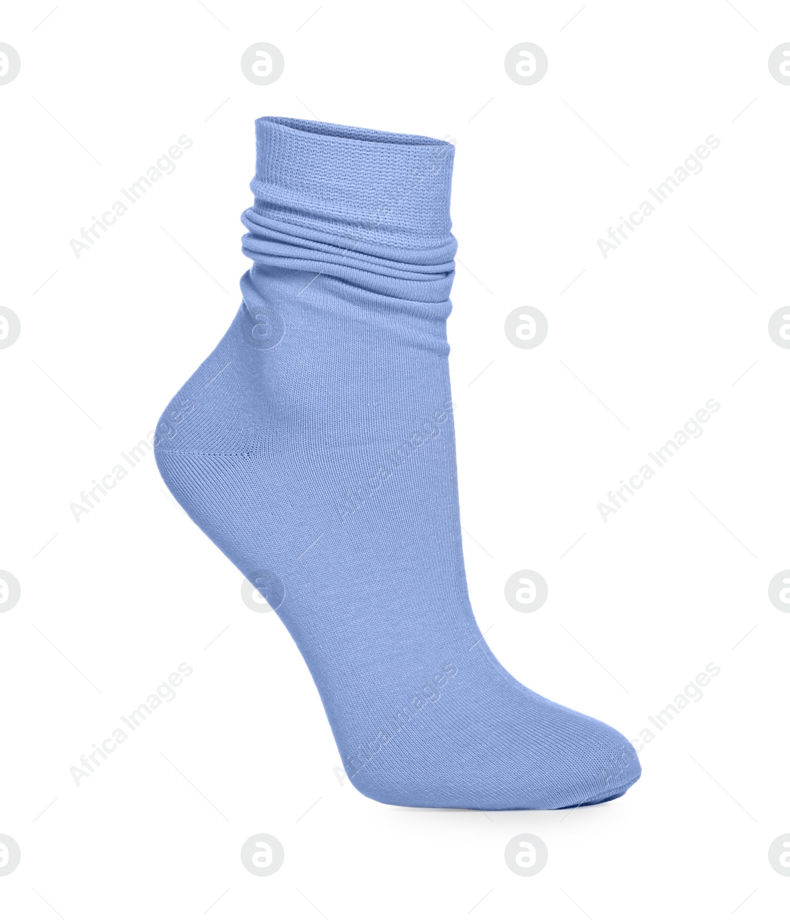 Photo of Light blue sock isolated on white. Footwear accessory