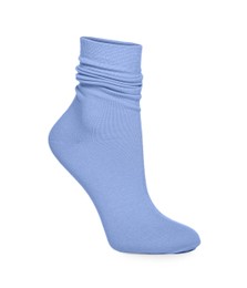 Photo of Light blue sock isolated on white. Footwear accessory