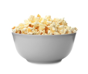 Photo of Bowl with delicious fresh popcorn on white background