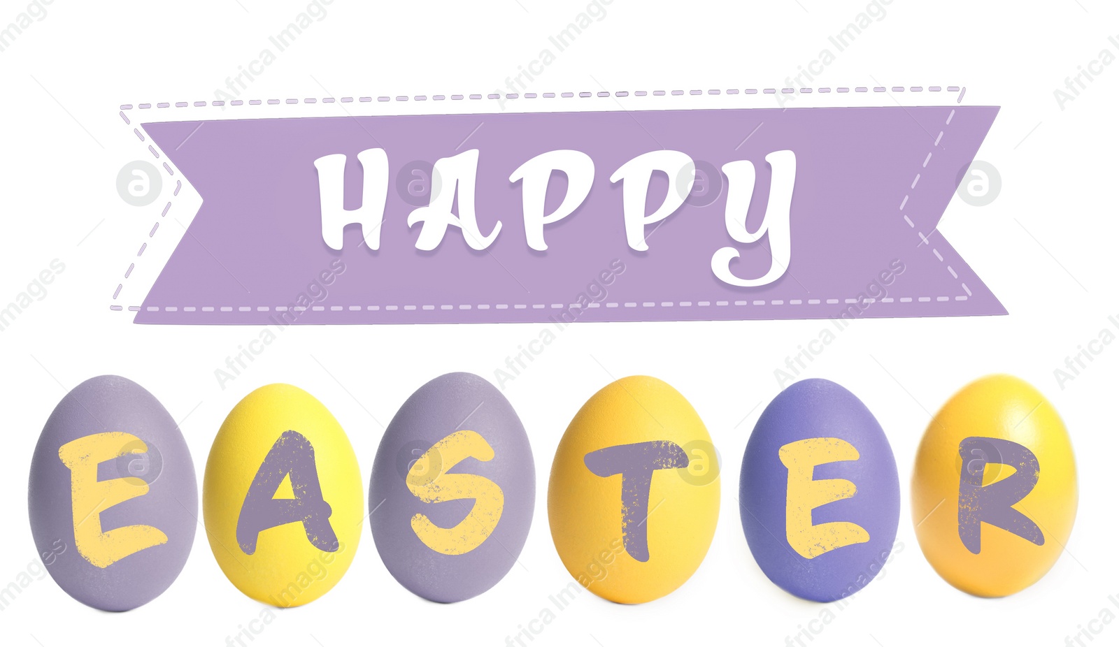 Image of Happy Easter. Colorful dyed eggs on white background 