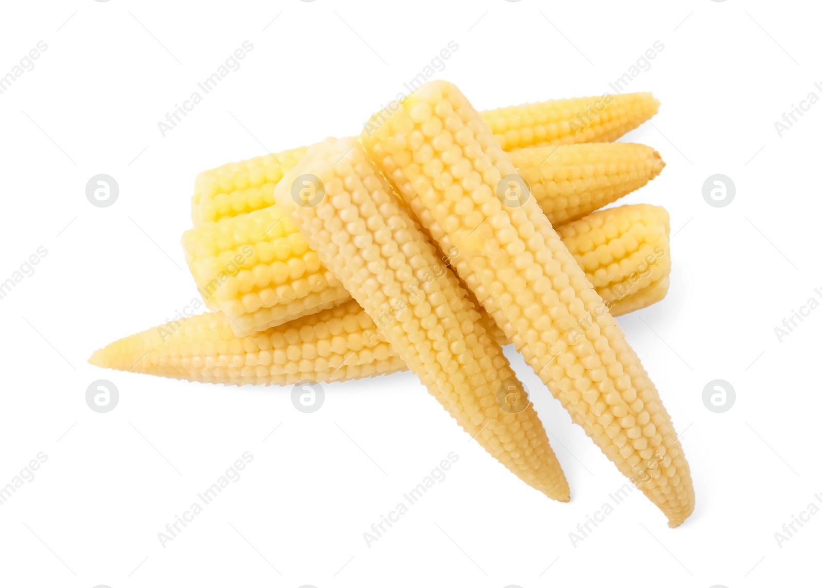 Photo of Pickled baby corn isolated on white, top view