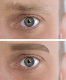 Image of Collage with photos of man before and after eyebrow modeling, closeup
