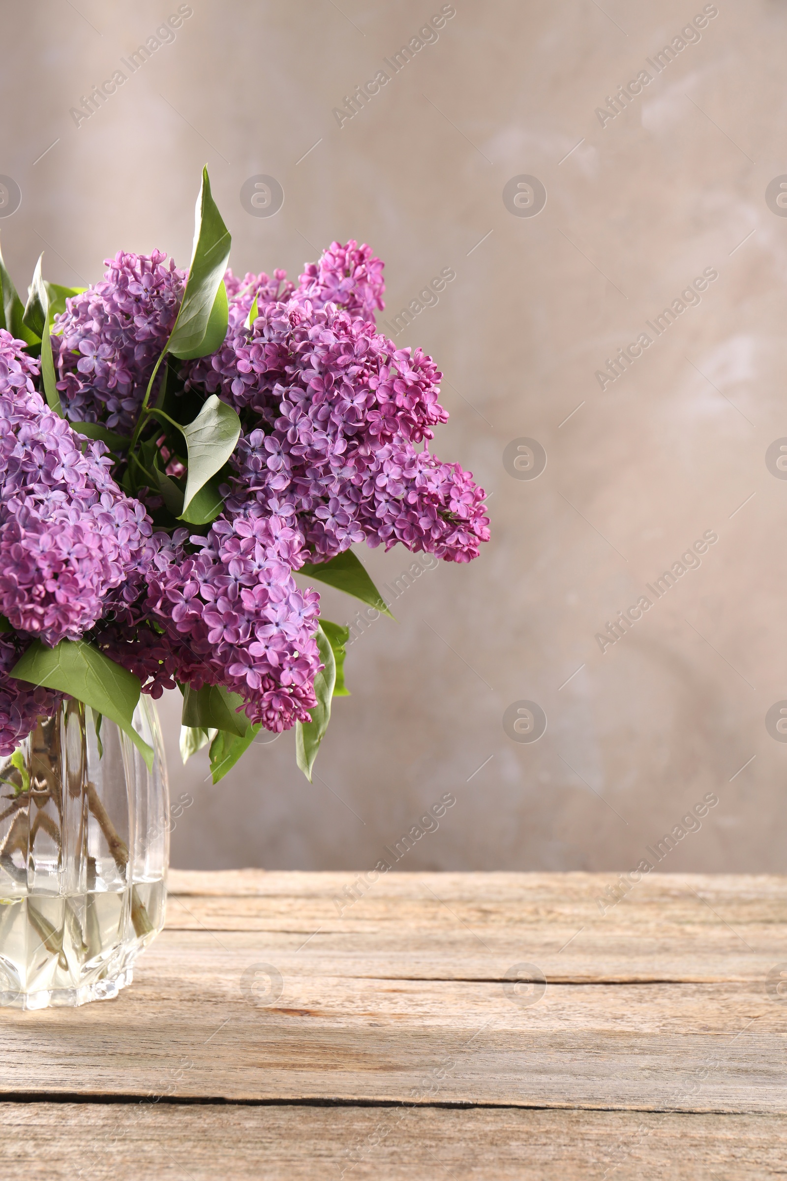 Photo of Beautiful lilac flowers in vase on wooden table, space for text