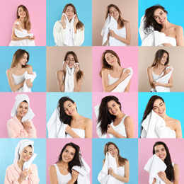 Image of Collage of women with towels on different color backgrounds