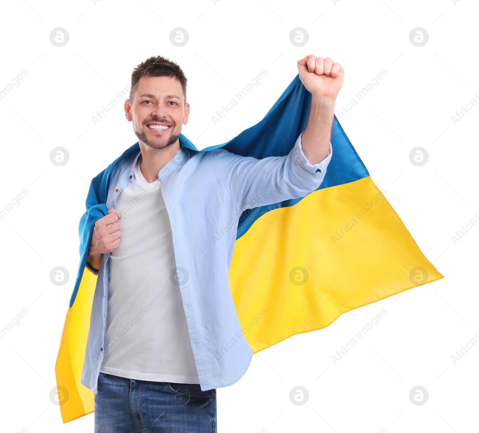 Photo of Man with flag of Ukraine on white background