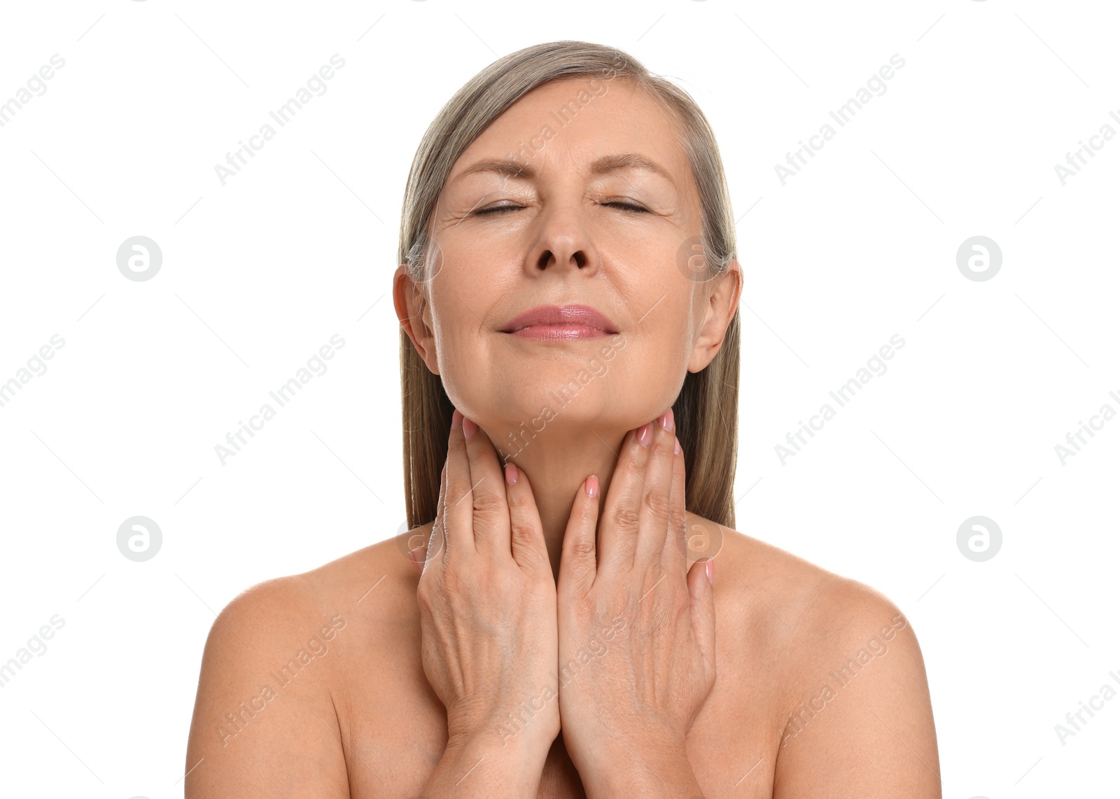 Photo of Beautiful woman touching her neck on white background