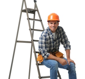 Photo of Professional builder sitting on metal ladder against white background