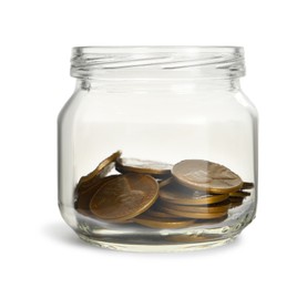 Glass jar with coins isolated on white