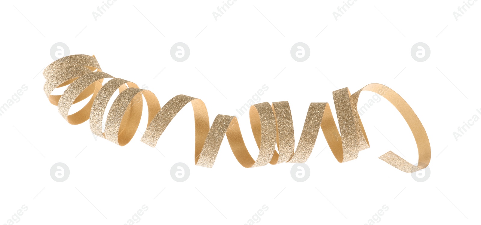 Photo of Shiny serpentine streamer on white background. Festive decor