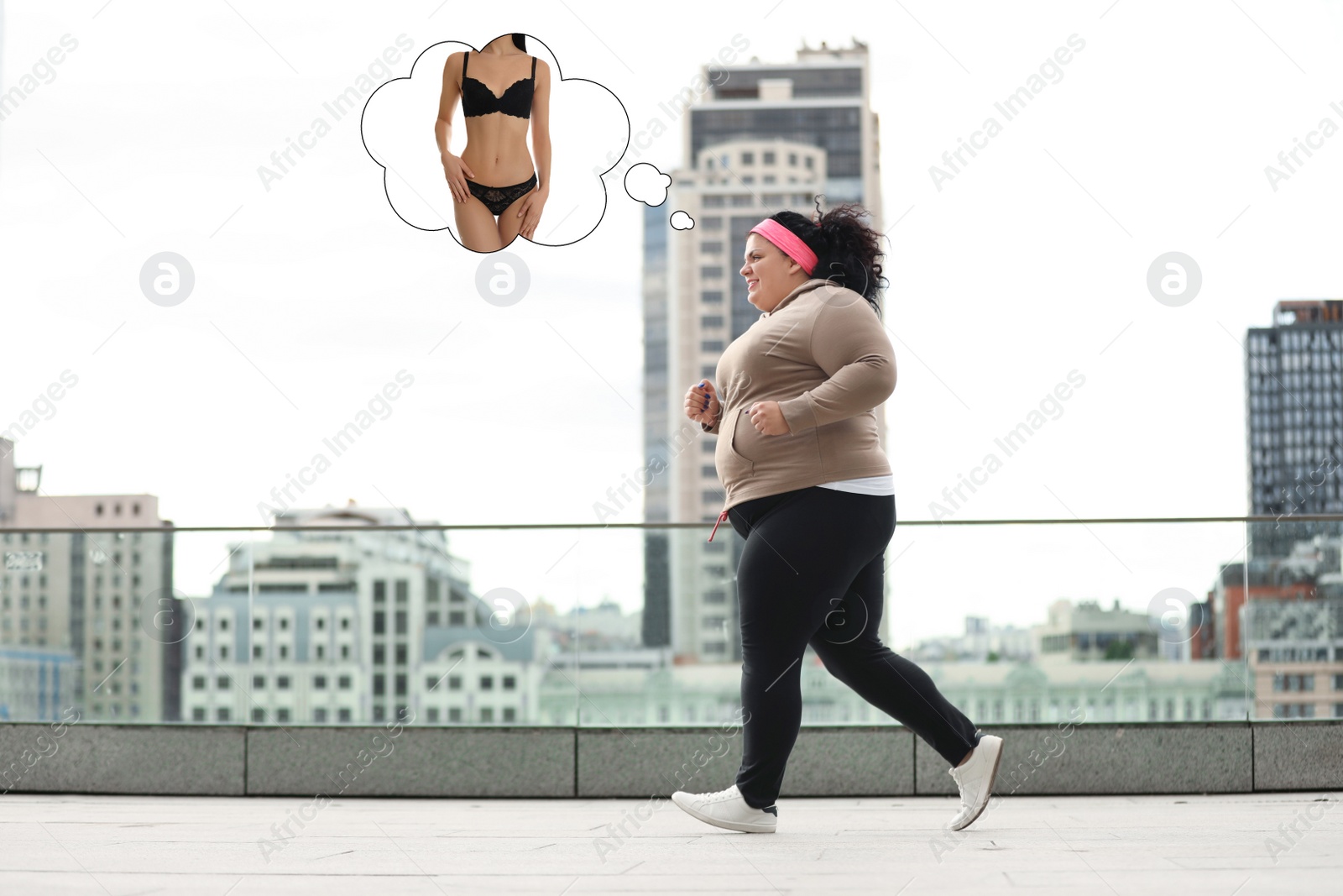 Image of Overweight woman dreaming about slim body while running outdoors