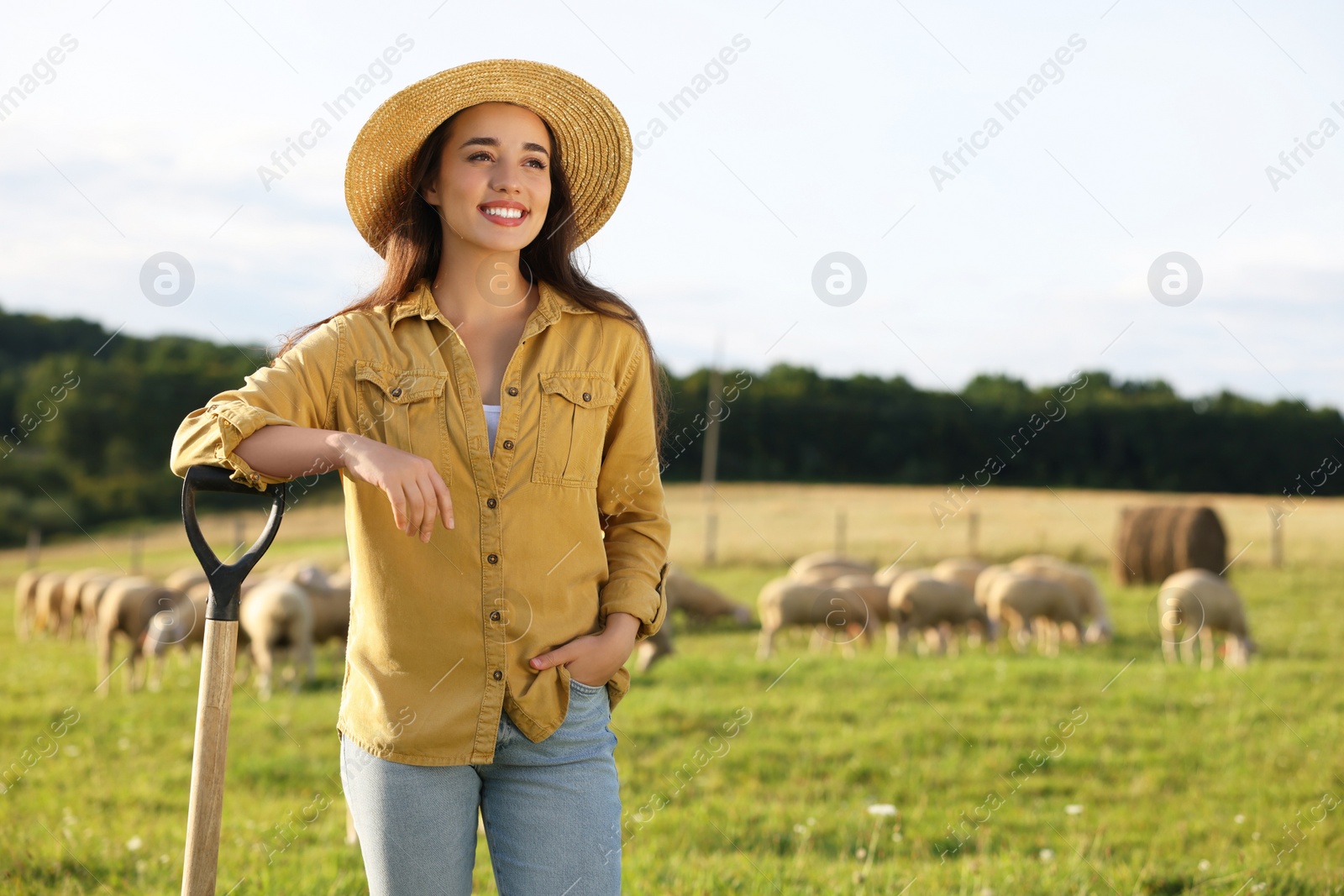 Photo of Portrait of smiling woman with shovel on pasture at farm. Space for text