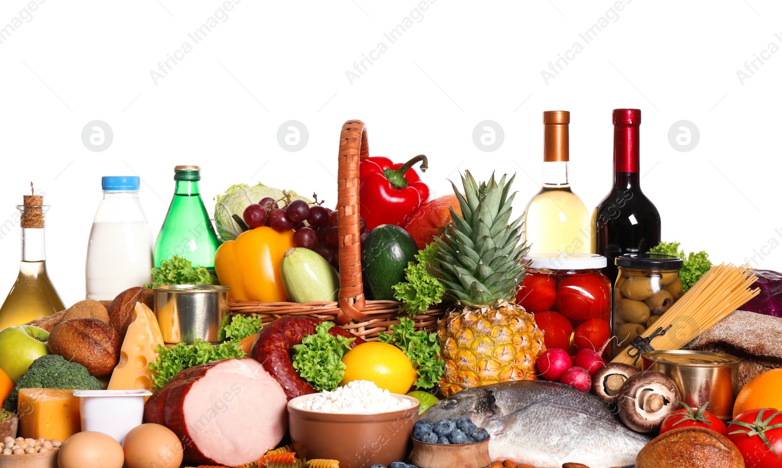 Photo of Different products on white background. Healthy food and balanced diet