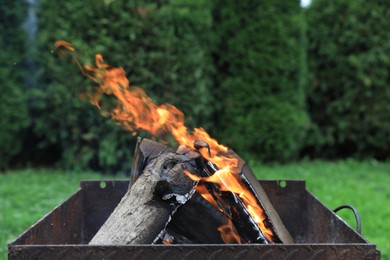 Photo of Metal brazier with burning firewood outdoors, closeup