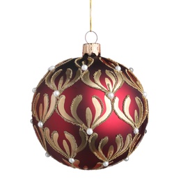 Photo of Beautiful red Christmas ball with golden pattern isolated on white
