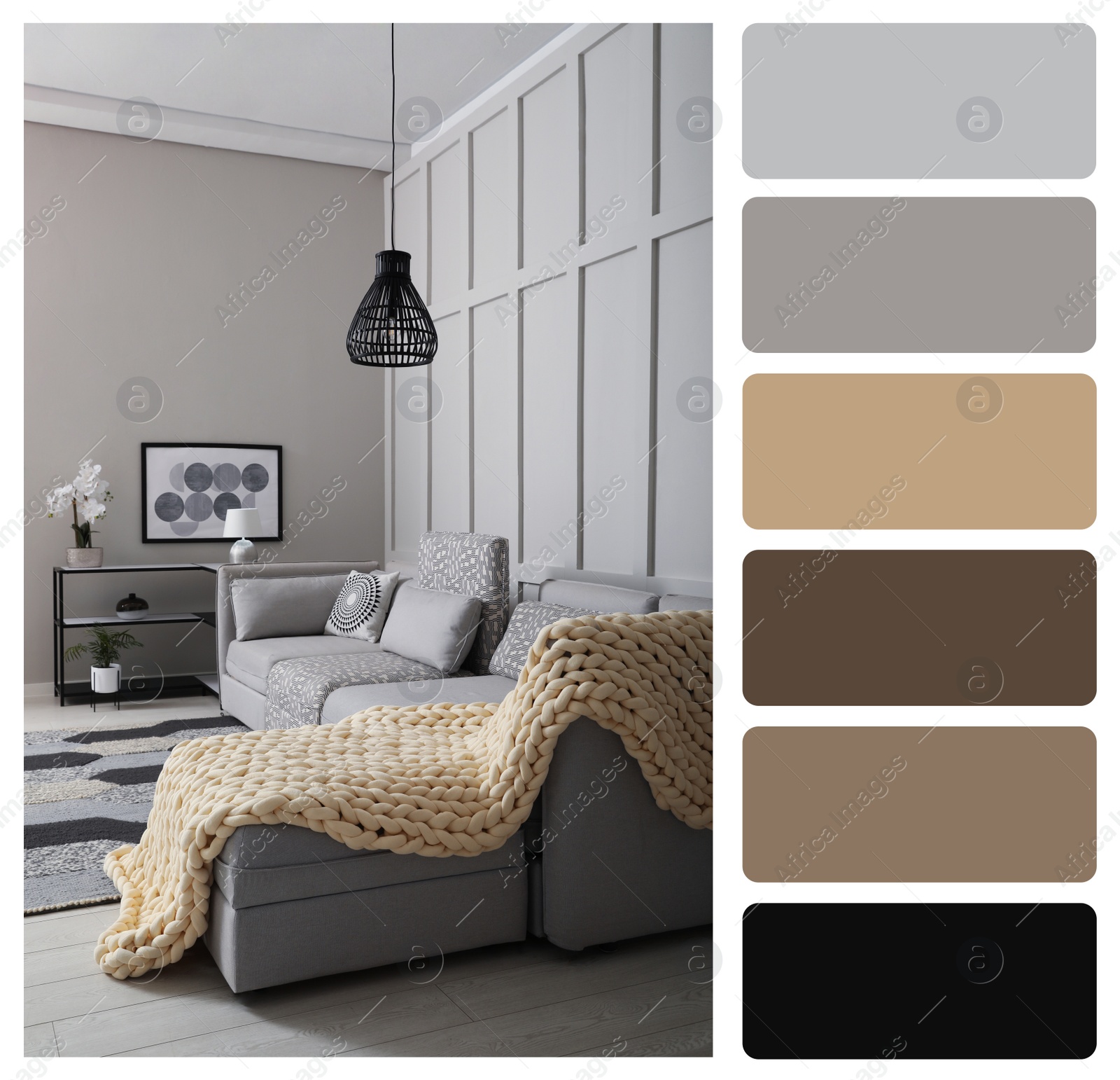 Image of Color palette and photo of stylish living room interior. Collage