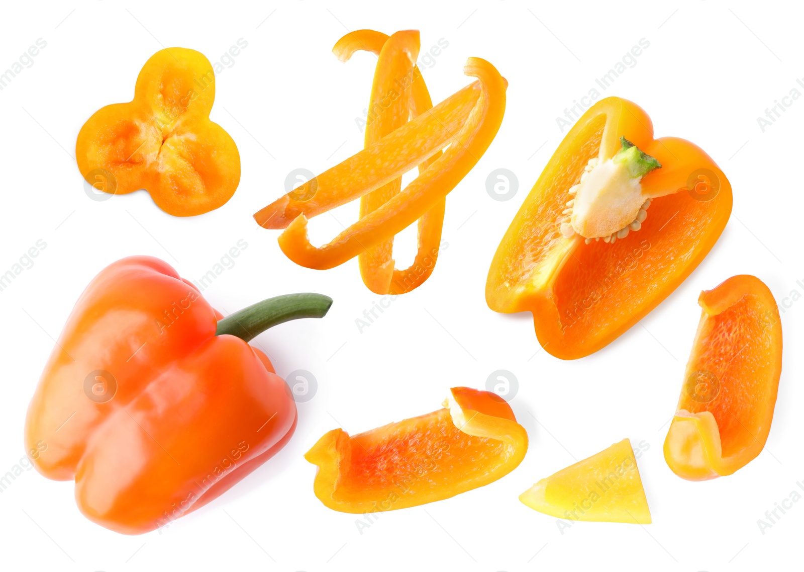 Image of Set of ripe orange bell peppers on white background