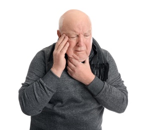 Photo of Senior man suffering from cough on white background