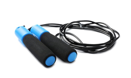 Photo of Jump rope on white background. Sports equipment