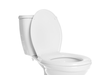 Photo of New ceramic toilet bowl on white background