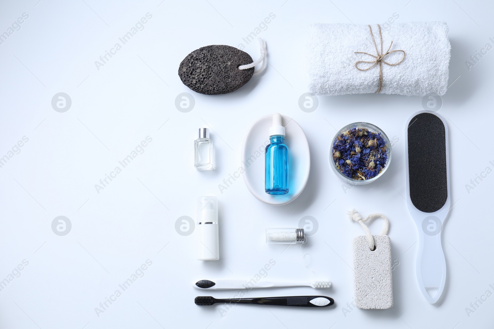 Photo of Bath accessories. Flat lay composition with personal care products on white background, space for text