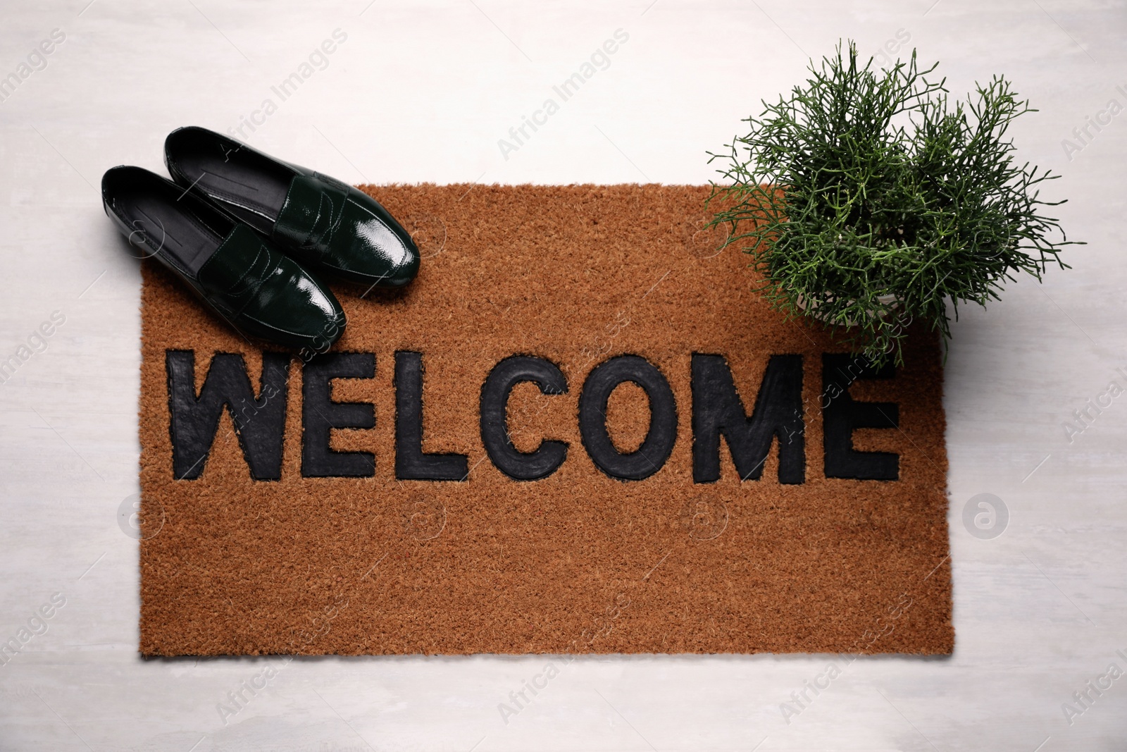 Photo of New clean mat with word WELCOME, shoes and plant on floor, top view