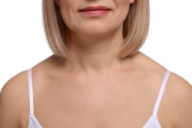 Photo of Woman with healthy skin on white background, closeup