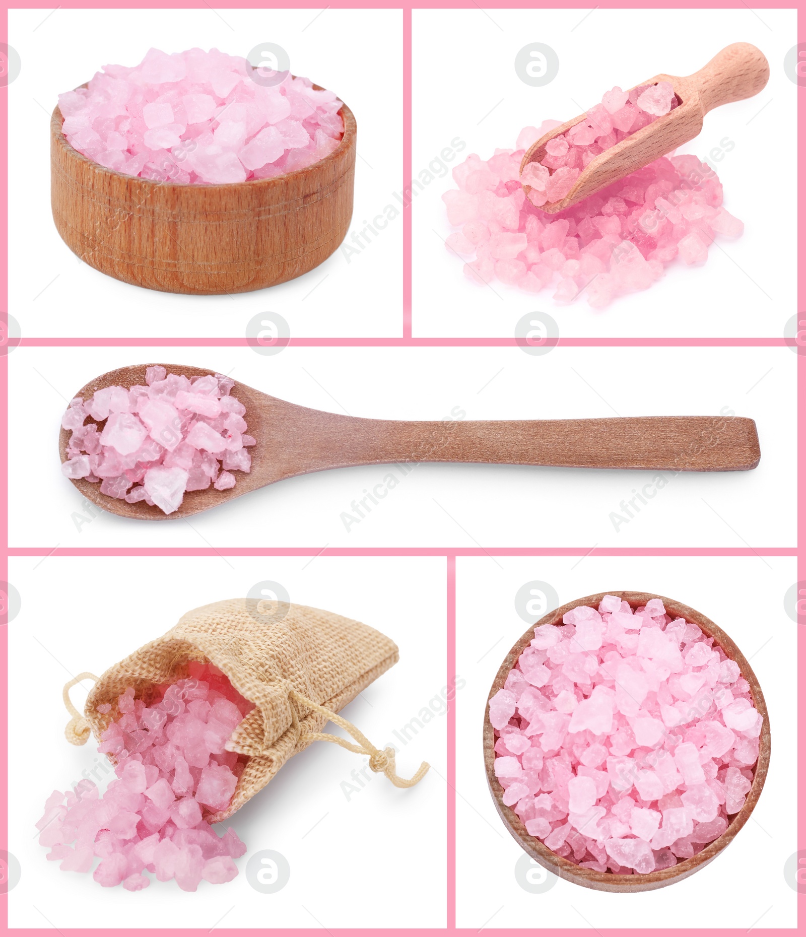 Image of Pink sea salt isolated on white, set