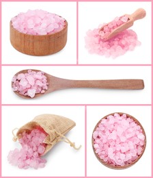 Image of Pink sea salt isolated on white, set