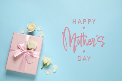 Happy Mother's Day. Greeting card with gift box and beautiful flowers on light blue background, flat lay