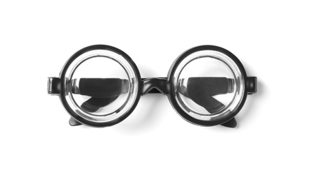 Photo of Funny glasses isolated on white, top view. Clown's accessory