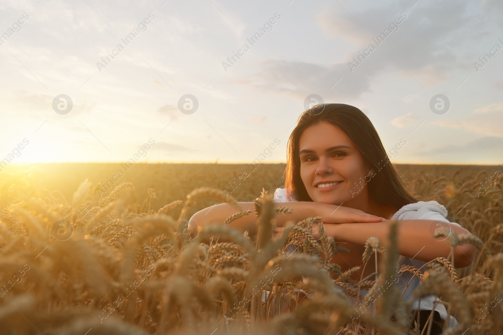 Photo of Beautiful young woman sitting in ripe wheat field at sunset, space for text