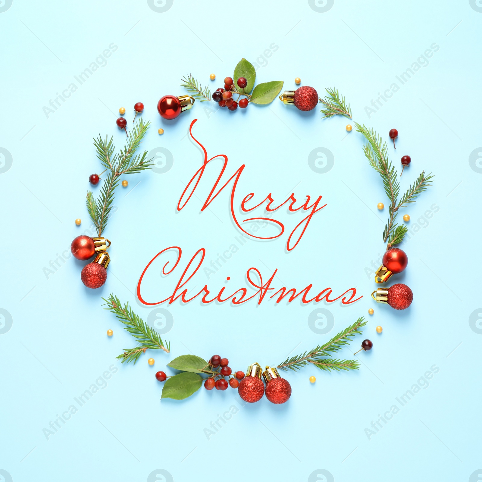 Image of Flat lay composition with text MERRY CHRISTMAS and festive decor on light blue background