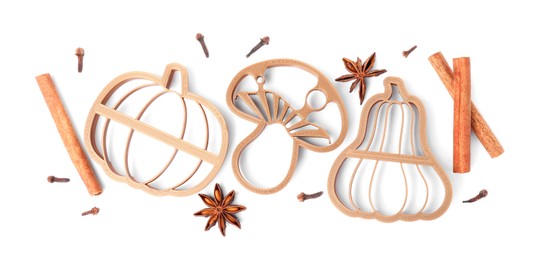 Different cookie cutters and spices on white background, top view