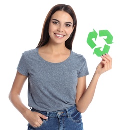 Photo of Young woman with recycling symbol on white background