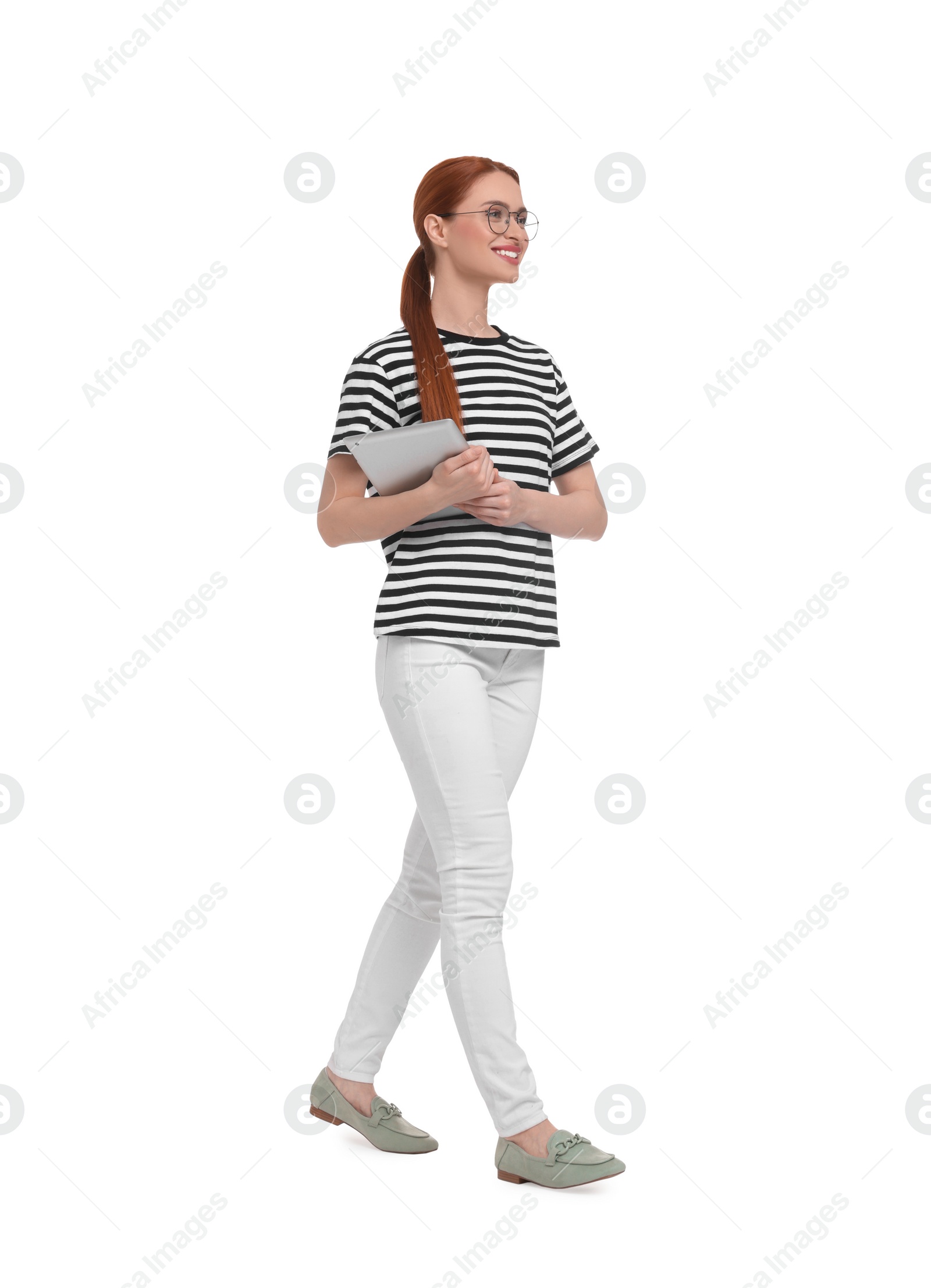 Photo of Happy woman in glasses with tablet on white background