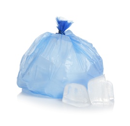 Photo of Plastic bag with ice cubes on white background