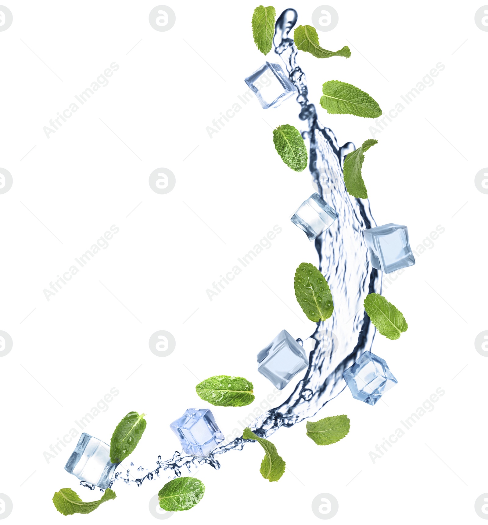 Image of Falling green mint leaves, crystal ice cubes and splash of water on white background