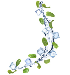 Image of Falling green mint leaves, crystal ice cubes and splash of water on white background