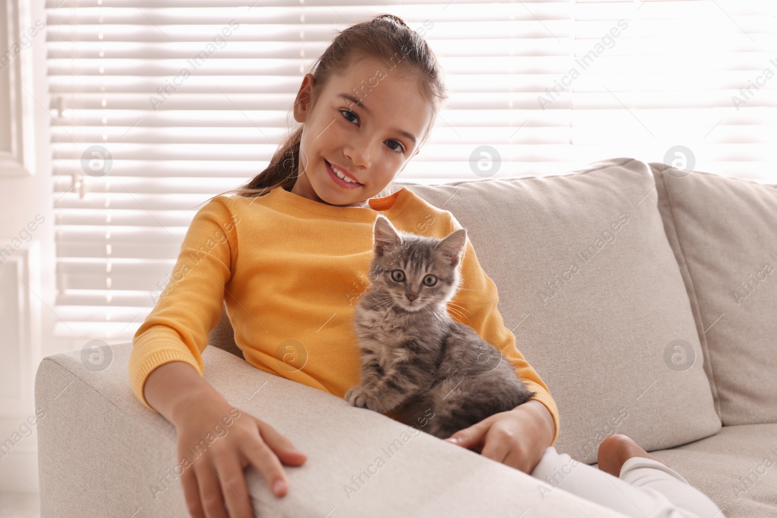 Photo of Cute little girl with kitten on sofa at home. Childhood pet