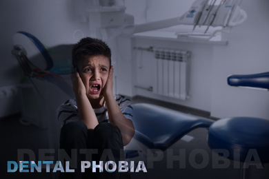 Odontophobia concept. Double exposure of scared little boy and dentist's office
