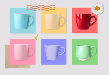 Multicolor mugs and cards of similar shades on light background, collage. Montessori method