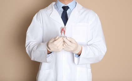 Male dentist holding tooth model on color background, closeup