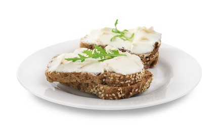 Photo of Bread with cream cheese and arugula on white background