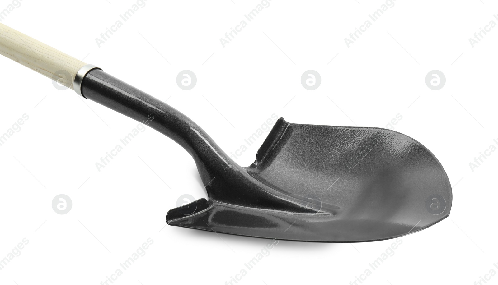 One new shovel with wooden handle isolated on white. Gardening tool Photo of One new shovel with wooden handle isolated on white. Gardening tool