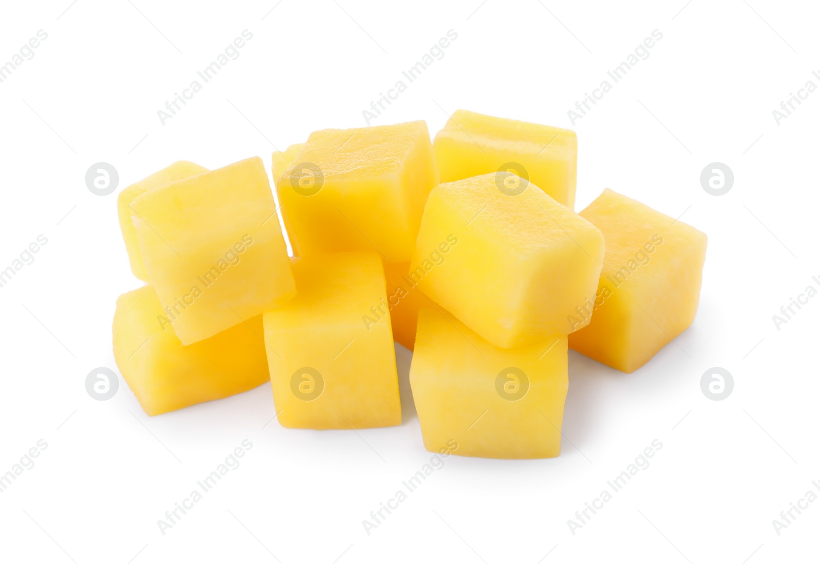 Photo of Tasty ripe mango cubes isolated on white