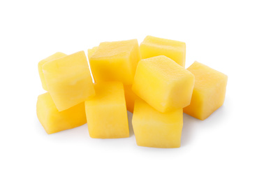 Photo of Tasty ripe mango cubes isolated on white