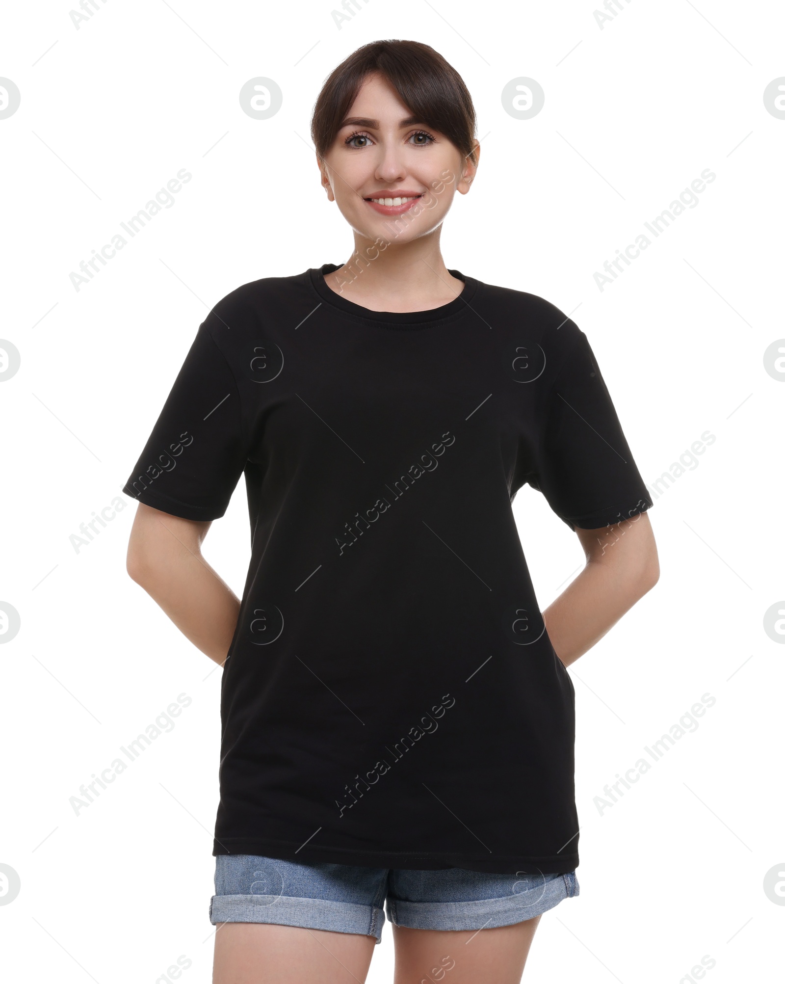 Photo of Smiling woman in stylish black t-shirt on white background