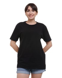 Smiling woman in stylish black t-shirt on white background