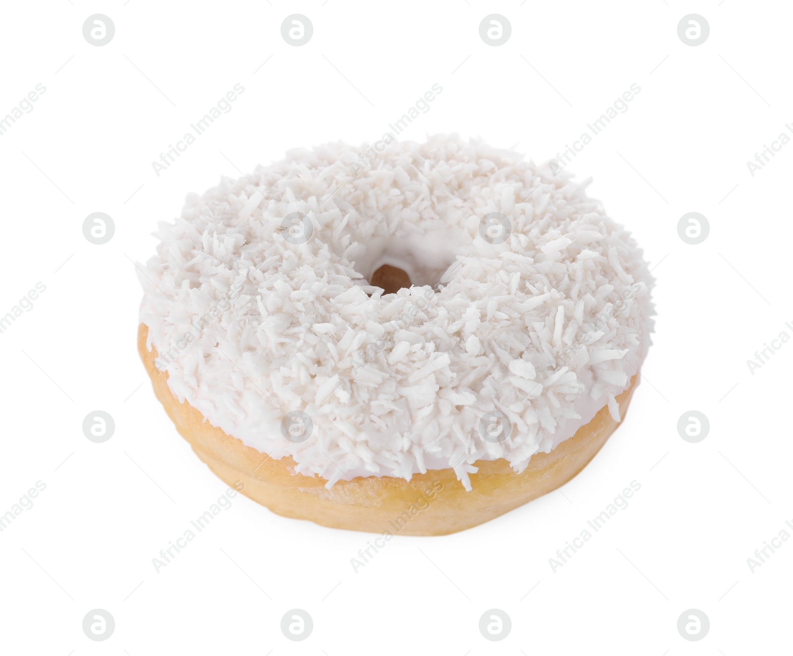 Photo of Tasty glazed donut with coconut shavings isolated on white