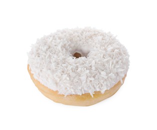 Tasty glazed donut with coconut shavings isolated on white